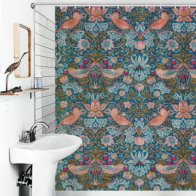William Morris Shower Curtain,Original Design Vintage Flower Birds Strawberry Thief Pattern Print Shower Curtains Sets Polyester Waterproof Fabric Decor Bathroom Curtain 72"×72" Inch With 12 Hooks