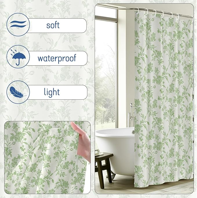 Seorsok Green Shower Curtain,Sage Cotton Floral Cottagecore,Elegant Floral Fabric Shower Curtain Machine Washable Waterproof Bathroom Decor 72'Wx72'L inches,Beige Green