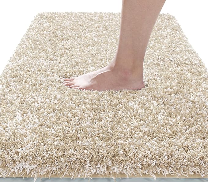 Yimobra Fluffy Plush Bath Rug, Shaggy Soft Comfortable Non Slip, Water Absorbent Microfiber Bath Mat, Dry Quick, Machine Washable Thick Bathroom Floor Rugs for Shower, 44"x 24", Light Beige and White