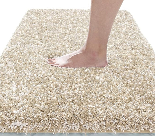Yimobra Fluffy Plush Bath Rug, Shaggy Soft Comfortable Non Slip, Water Absorbent Microfiber Bath Mat, Dry Quick, Machine Washable Thick Bathroom Floor Rugs for Shower, 44"x 24", Light Beige and White