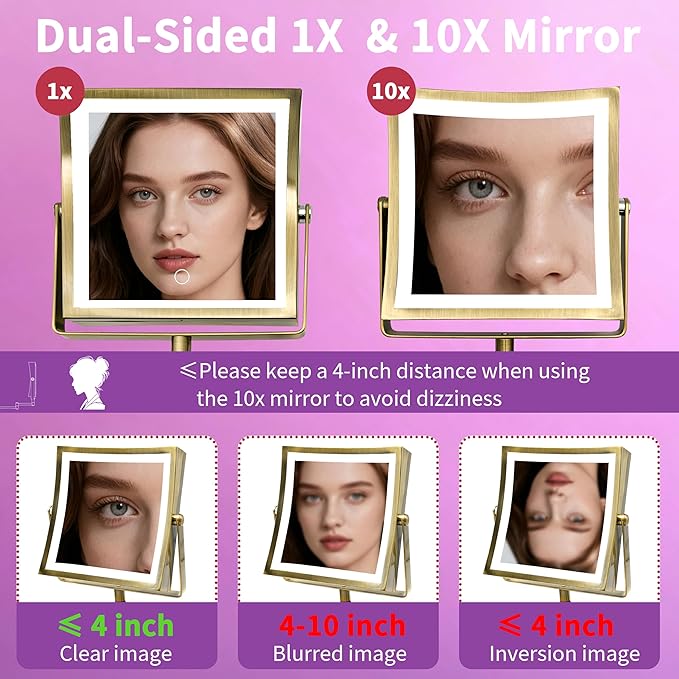 Wall Mounted Lighted Makeup Mirror, Rechargeable Double-Sided 1X/10X Magnifying Mirror with Light, Touch Dimmable 3 Color Lights, 360° Rotation Extendable Arm (Antique Brass)