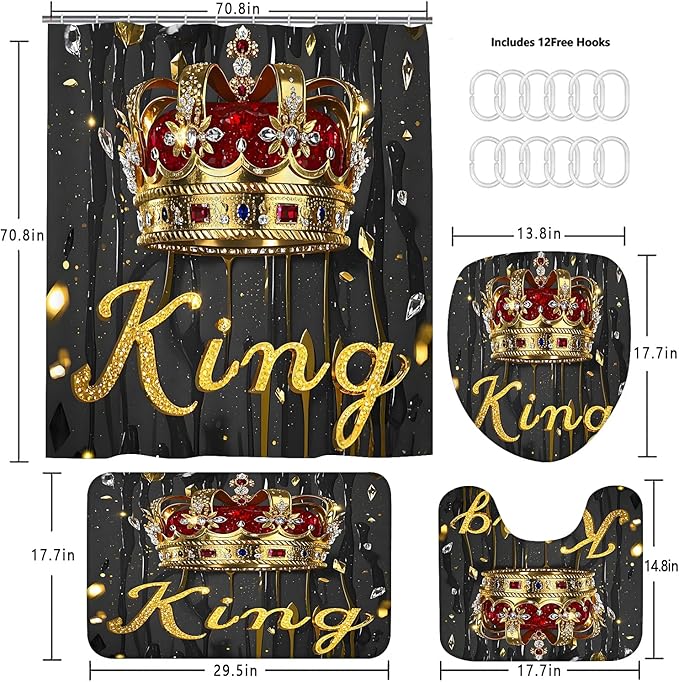AZHM Golden Crown Print Shower Curtain Set 4 PCS Glitter Crystal Bathroom Decor with Shower Curtain and Rugs