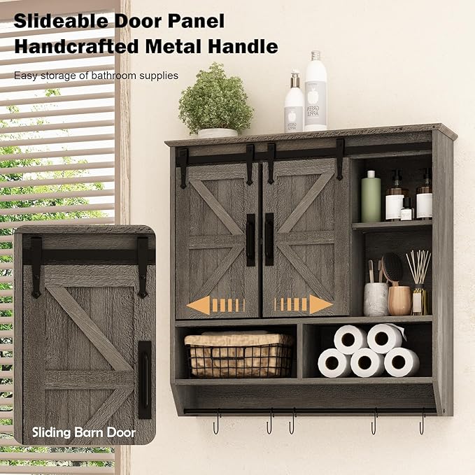 RUSTOWN Farmhouse Bathroom Wall Cabinet,3-Tier Rustic Wood Wall Mounted Cabinets,Vintage Medicine Cabinet with Sliding Barn Door and Adjustable Shelves,Over The Toilet Storage Cabinet (Washed Oak)