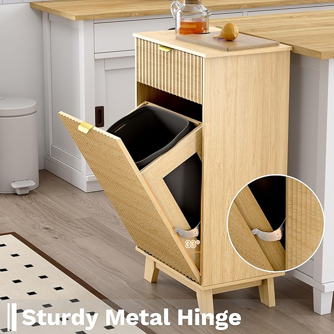 Double Tilt Out Laundry Hamper Cabinet, 20 Gallon Wooden Trash Can Cabinet with Storage Drawers, Hidden Fluted Garbage Can Holder for Kitchen, Living Room (Natural Wood, 20.47"W x 35.83"H x 13"D)