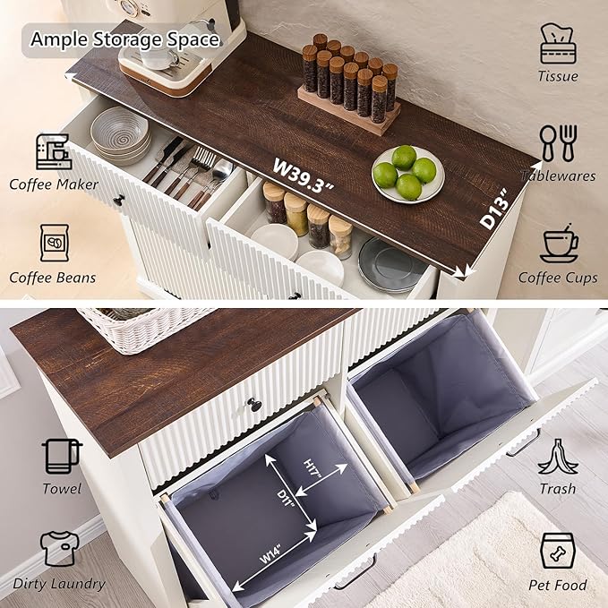 IFBUY Modern Double Tilt-Out Laundry Hamper Cabinet, 20 Gallon Fluted Trash Can Cabinet w/2 Drawers, Wooden Hidden Garbage Can Cabinets with Laundry Basket, for Bathroom and Kitchen, Antique White