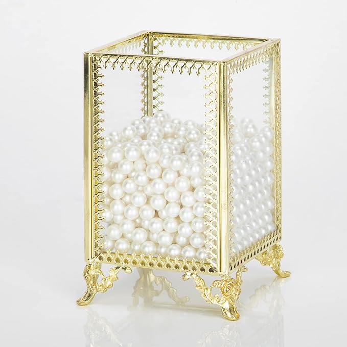 HKS Makeup Brush Holder Vintage Glass Handmade Organizer with White Pearls for Nail Brush, Vanity, Bathroom, Dresser, Countertop - Gold
