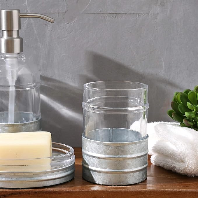 4PCs Heavy Weight Decent Blue Glass Bathroom Accessories Set with Decorative Pressed Pattern - Includes Hand Soap Dispenser & Tumbler & Soap Dish & Toothbrush Holder (Metal)