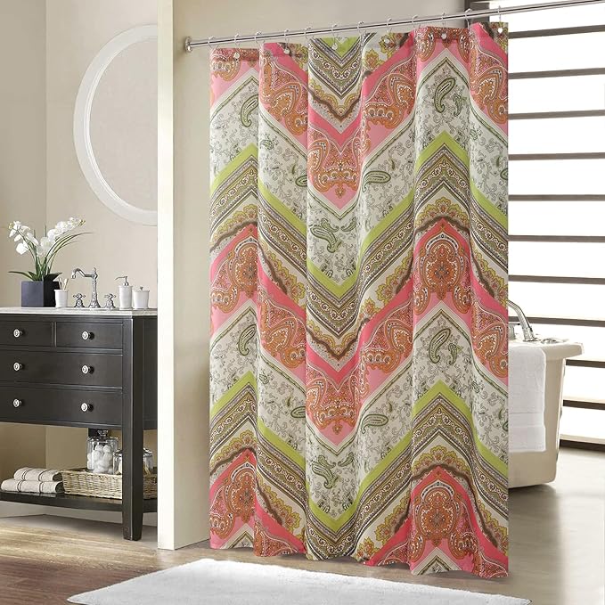 Long Fabric Shower Curtain, Pink and Green Printed Boho Paisley Pattern Shower Curtains for Bathroom, Waterproof Bathroom Curtains, 72" W x 78" H