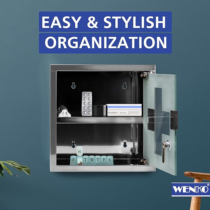 WENKO Medicine Cabinets with Lock, Wall Mounted Over The Toilet Storage Shelves, First Aid Bathroom Wall Cabinet with Safety Glass Door, Small, 9.8 x 9.8 x 4.7 in, Silver Shiny