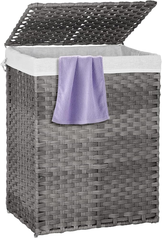Paylesshere Laundry Basket Handwoven Laundry Hamper 90L/110L Foldable Rattan Hamper With Lid,2 Removable Liner Bags & 6 Laundry Bags,Clothes Hamper Bathroom Laundry Basket,Grey
