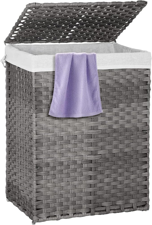 Paylesshere Laundry Basket Handwoven Laundry Hamper 90L/110L Foldable Rattan Hamper With Lid,2 Removable Liner Bags & 6 Laundry Bags,Clothes Hamper Bathroom Laundry Basket,Grey
