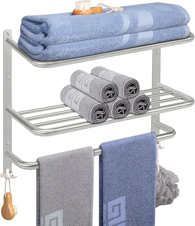 NearMoon Bathroom Towel Rack, 3-Tier Towel Holder with Hooks, SUS304 Stainless Steel Towel Hanger, Wall Mounted Towel Shelf Storage, Bathroom Accessories (22 Inch, Brushed Nickel)
