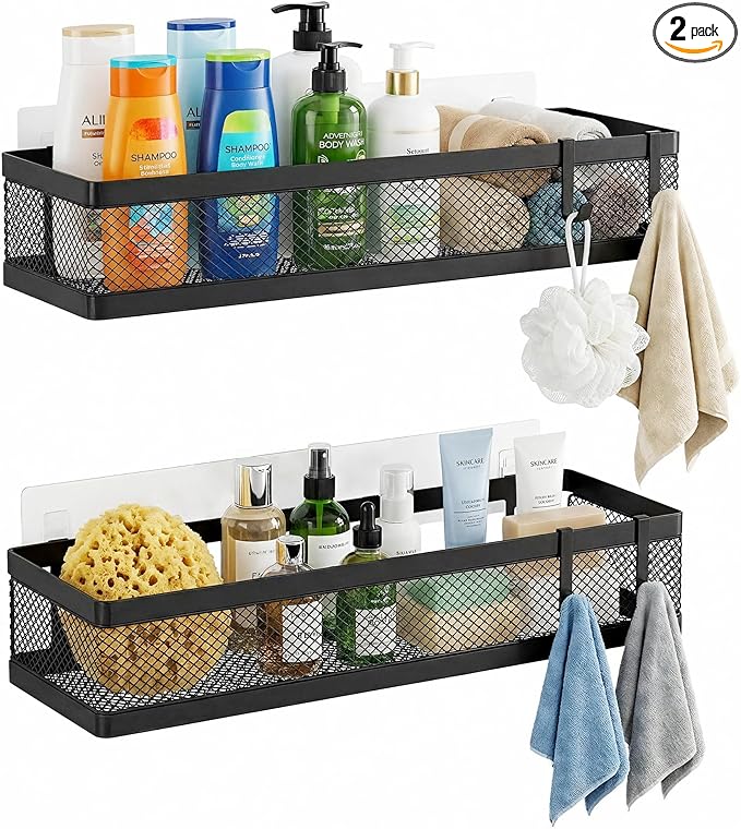 PUSDON 16.5-Inch Extra Long Slim Mesh Shower Caddy, Wall Mounted Bathroom Organizer with Adhesive, Heavy Duty Rustproof Shelf for Narrow Kitchen Pantry & RV, Holds 50 LBS 2-Pack - Matte Black Netting