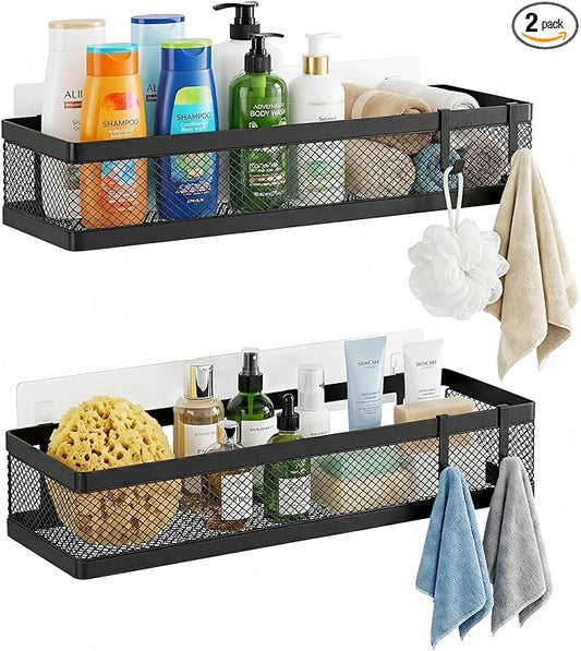 PUSDON 16.5-Inch Extra Long Slim Mesh Shower Caddy, Wall Mounted Bathroom Organizer with Adhesive, Heavy Duty Rustproof Shelf for Narrow Kitchen Pantry & RV, Holds 50 LBS 2-Pack - Matte Black Netting