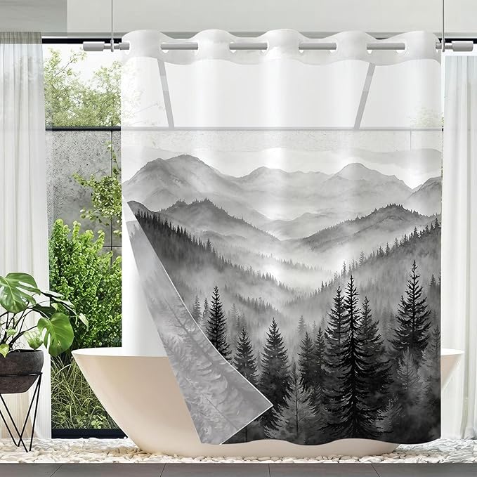 Accnicc No Hook Shower Curtain with Snap in Liner Forest Mountain Shower Curtains for Bathroom Black White Nature Misty Pine Tree Foggy Rustic Woodland Waterproof Fabric Bath Curtain Decor 71×74In