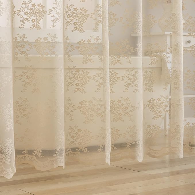 YJ YANJUN Beige Lace Shower Curtain with Attached Valance Vintage Floral Cottage Core Shower Curtain for Bathroom Antique Boho Shabby Chic Scallop Edge Bathroom Curtains 1 Panel, 72 x 72 Inch