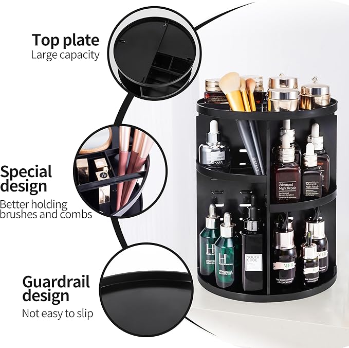 seinlife 360 Rotating Makeup Organizer,DIY Adjustable Spinning Holder,Foldable Cosmetic Storage Display box,Large Capacity Make up Caddy Shelf,Fits Countertop Vanity and Bathroom (BLACK)