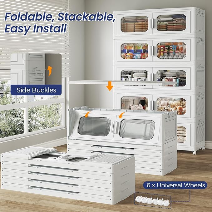 150Gal Extra Large Stackable Storage Bins with Lid & Wheels & Doors, 200QT/50GAL 3-Tiers Collapsible Closet Organizers Plastic Containers Drawers Boxes for Home Kitchen Bedroom, White