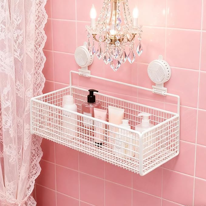 Bathroom Shelf with Suction Cup, Shampoo Holder, Bathroom Organizer, White M