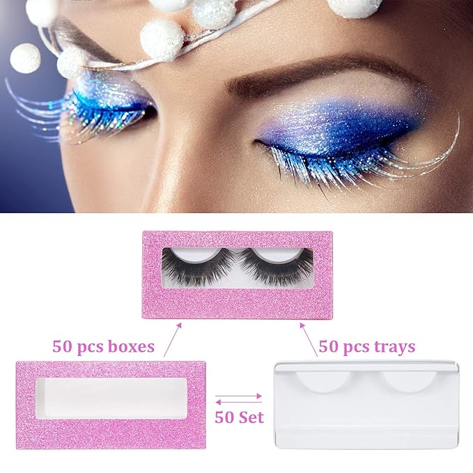 Maitys 100 Pieces Empty Eyelash Case Set, 50 Empty Eyelash Boxes and 50 Storage Trays Bulk Glitter Packaging Boxes for Travel Carry(Pink)