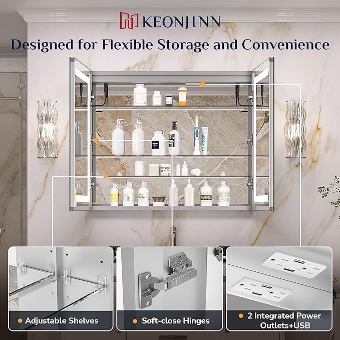 Keonjinn 30 x 26 Inch Lighted Medicine Cabinet with 2-Side LED Mirror & Electrical Outlet, 3 Color Lights Dimmable Tempered Glass Frontlit Anti-Fog UL Listed Recessed Wall Mount for Bathroom Storage