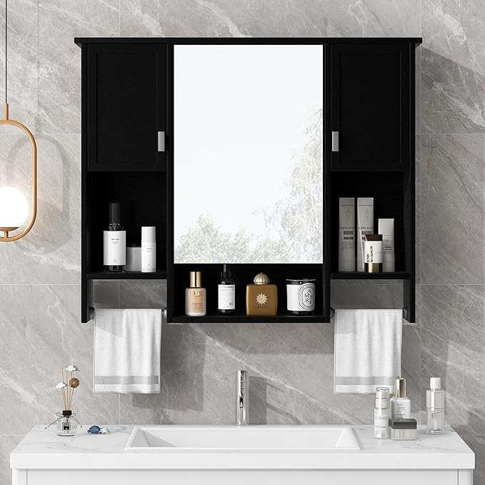 Merax Medicine Cabinet for Bathroom, Wall Mount Bathroom Cabinet with Mirror, Open Shelf, and Towel Bar, 35" W x 28.7" H Over The Toilet Mirrored Bathroom Wall Cabinet