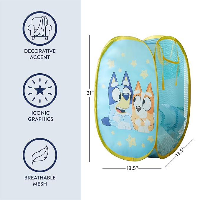 Bluey Pop-Up Hamper with Carry Handles ?€? 21" x 13.5", Bluey and Bingo Design, Lightweight & Collapsible Laundry Basket for Kids?€? Bedroom, Bathroom, or Playroom