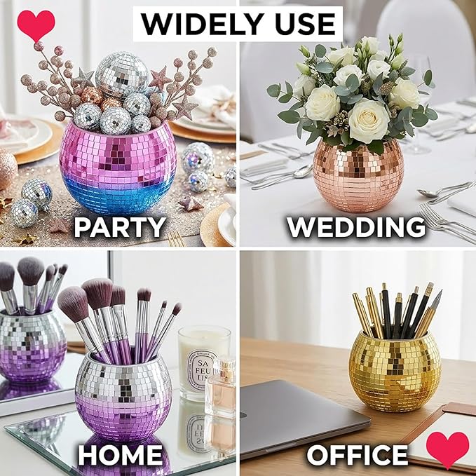 Glass Disco Ball Pen Holder with Smooth Grouting - Premium Mirror Mosaic Pencil Cup for Desk, Cute Makeup Brush Holder, Aesthetic Room Decor Gift (Rose gold)