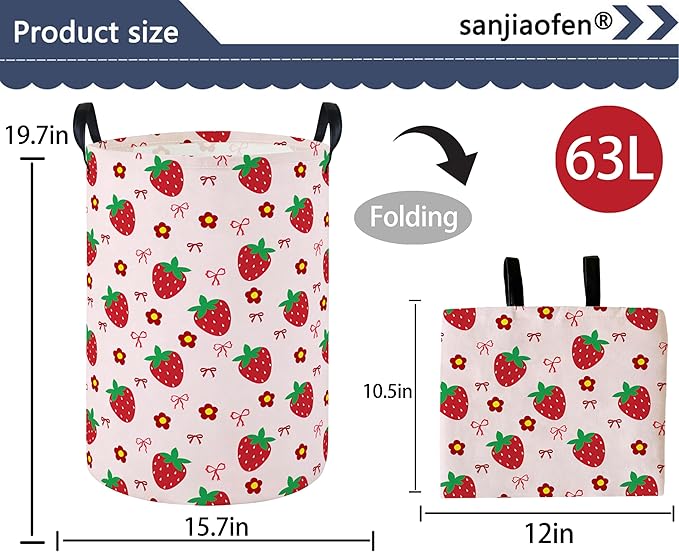 Laundry Hamper Baby Nursery Hamper Waterproof Foldable Kids Laundry Basket Kids Dirty Clothes Hampers Girl Room Decor for Home Gift Baskets(Strawberry Flower)