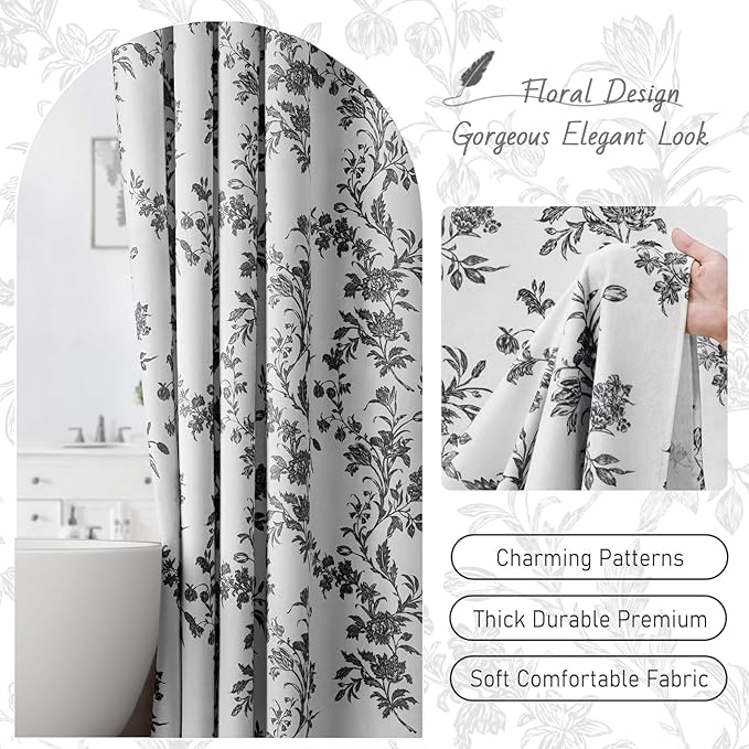 Black and White Floral Shower Curtain,Vintage Cotton Cottagecore Gray Shower Curtains for Bathroom, 72" W x 72" L