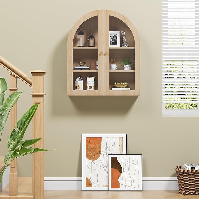 Wall Bathroom Cabinet with Glass Doors, Wood Medicine Cabinet with Adjustable Shelf, Arched Hanging Cabinet for Bathroom, Livingroom, Kitchen (Natural)
