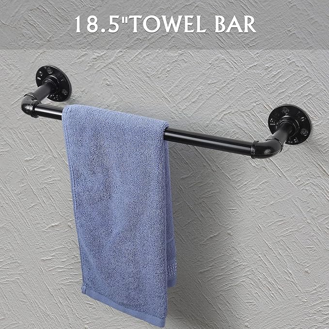 Bathroom Hardware Fixture Set Industrial Towel Bar Sets with Paper Towel Rack Wall Mount Hand Towel Holder Roll Ring Toilet Paper Holder and Pipe Robe Towel Holder Hanger for Farmhouse Home, 7 Pieces