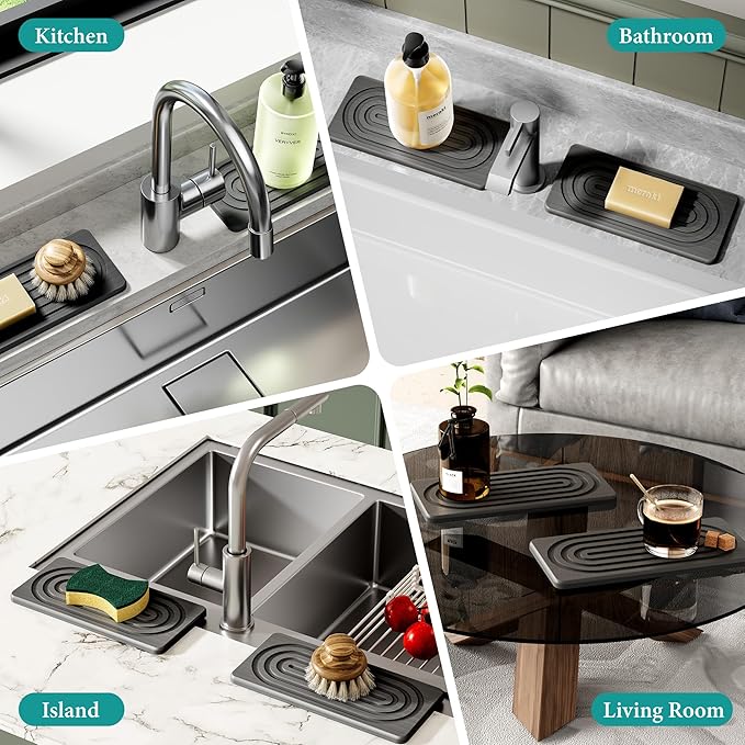 Water Absorbing Stone Tray for Sink, Quick Drying Diatomite Bathroom Tray Countertop, Stone Drying Mat for Kitchen Counter Faucet, Soap Dish Dispenser Vanity Organizer, Dark Grey-B-8.3" x 4"