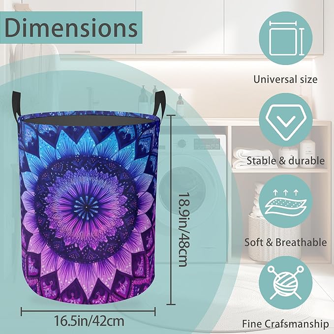 Laundry Hamper Foldable Oxford Cloth Mandala Flower Laundry Basket With Handle Portable Clothes Storage Organizer Basket Storage Bag For Laundry Room/Bedroom/Bathroom