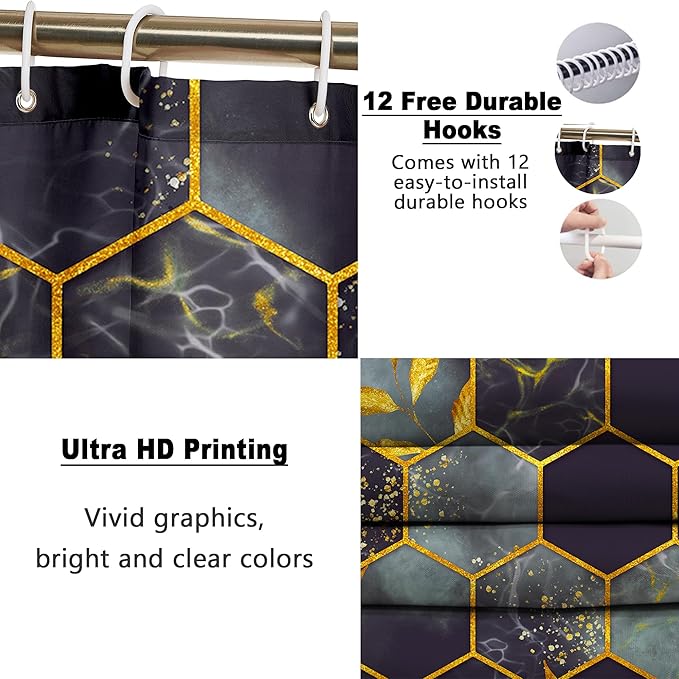 Poedist 4 Pcs Bathroom Shower Curtain Set,Bathroom Sets with Rugs(Bath Mat,U Shape and Toilet Lid Cover Mat) and 12 Hooks,Honeycomb Marble Grey Black