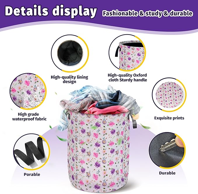 Pink Purple Flowers Laundry Basket Foldable Oxford Cloth With Handle Portable Colorful Storage Basket Organizer Suitable For Laundry Room/Bedroom/Living Room/Children'S Room (18.9 X 16.5 Inch)