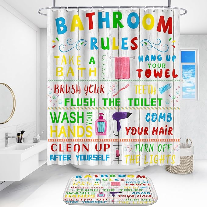 Poedist 4 Pcs Bathroom Shower Curtain Set,Kid's Bathroom Set, Space Shower Curtain Sets with Rugs(Bath Mat,U Shape and Toilet Lid Cover Mat) and 12 Hooks-05