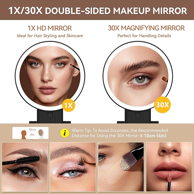 1X/30X Magnifying Mirror with Light, Double Sided Makeup Mirror with Adjustable 3 Color Light, 2000mAh Rechargeable Lighted Magnifying Mirrors with Tweezer, Foldable Travel Mirror with Rotation