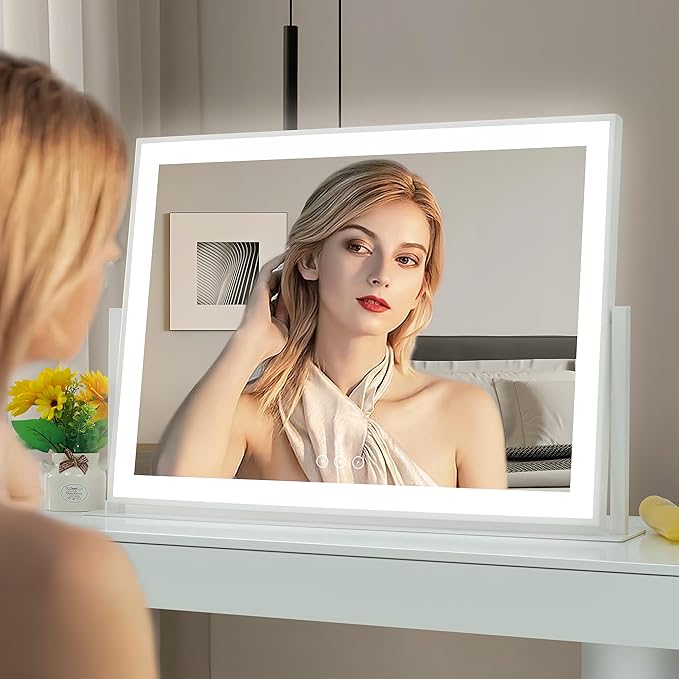 Acoolda Vanity Mirror with Lights, Large Makeup Mirror with Lights, LED Lighted Makeup Mirror with 3 Color Light Modes, Smart Touch Tabletop Mirror for Makeup Desk 360° Rotation 22.8" x 18" White