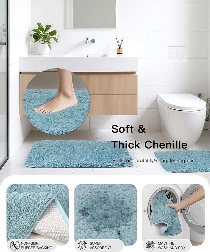 IMAVO Bathroom Accessories Set, Non-Slip Absorbent Blue Bathroom Rugs and Waterproof Shower Curtain with Hooks,Complete Bathroom Set for Bathroom Décor