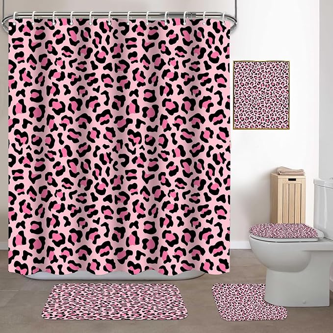 Onalasyc 5Pcs Pink Leopard Shower Curtain Set, Wall Painting Bathroom Sets with Shower Curtain and Rugs, Cheetah Print Bathroom Wall Art Decor Painting Shower Curtains Sets with Rugs