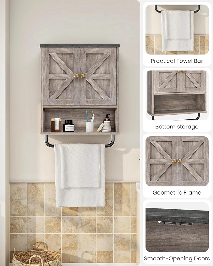 CHOEZON Bathroom Wall Cabinet, Medicine Cabinet with Open Partition and Towel Bar, Rustic Storage Cabinet with Open and Hidden Storage Space, for Bathroom, Living Room, Greige and Charcoal Black