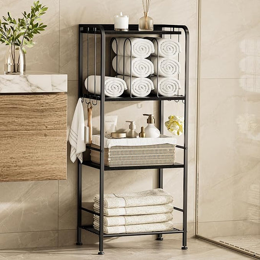TETOTE 4-Tier Towel Rack for Bathroom M-Shaped Detachable Dividers & Hooks, Free Standing Towel Holder Bathroom Towel Storage Organizer for Pool, Kitchen, Laundry, Black