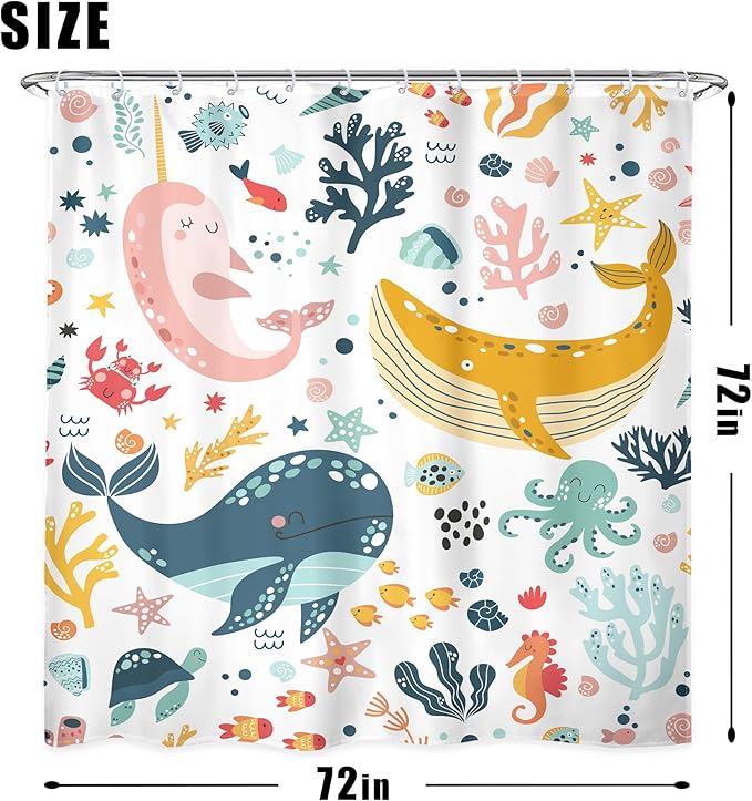 LGhtyro 4PCS Kids Whale 71Wx71H Inches Underwater Fish for Girls Ocean Sealife Shower Curtain Sets with Rugs, Toilet Lid Cover and Bath Mat, Cute Bath Accessories Art Home Decor Fabric 12 Pack Hooks