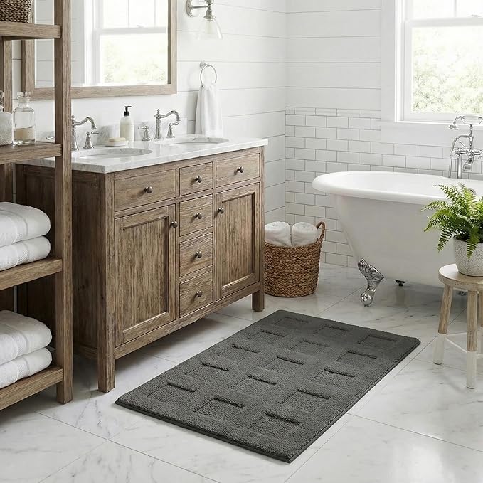 GRANNY SAYS Bathroom Rugs Non Slip Washable, Extra Soft & Water Absorbent Bath Mats for Bathroom, Plush Shaggy Bath Carpet, Deep Grey Waffle Bath Mat Quick Dry for Tub & Shower 20" x 32"