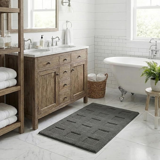 GRANNY SAYS Bathroom Rugs Non Slip Washable, Extra Soft & Water Absorbent Bath Mats for Bathroom, Plush Shaggy Bath Carpet, Deep Grey Waffle Bath Mat Quick Dry for Tub & Shower 16" x 24"