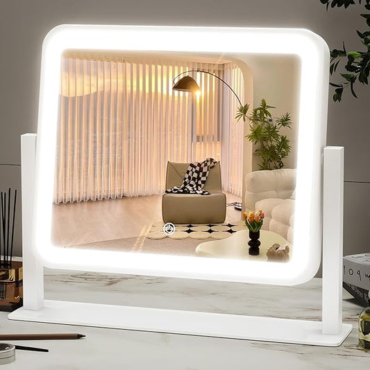 ROLOVE 14"x12"Vanity Mirror, Lighted Makeup Mirror for Vanity Desk, Smart Touch Control, 360° Rotation, 3-Color Modes, Gifts for Women, Bedroom, White
