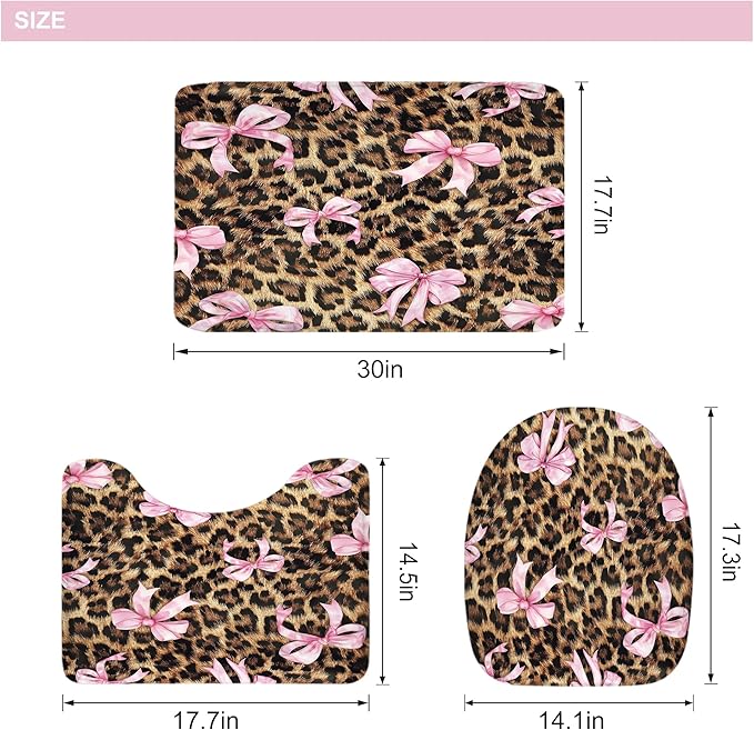 LIGHTINHOME 4 PCS Leopard Print Bow Shower Curtain Set 72Wx72H,Toilet Lid Cover,Non-Slip Rugs and U-Shaped Mat,Girly Pink Cheetah Bathroom Sets with Rugs Shower Accessories 12 Hooks for Bathroom Decor