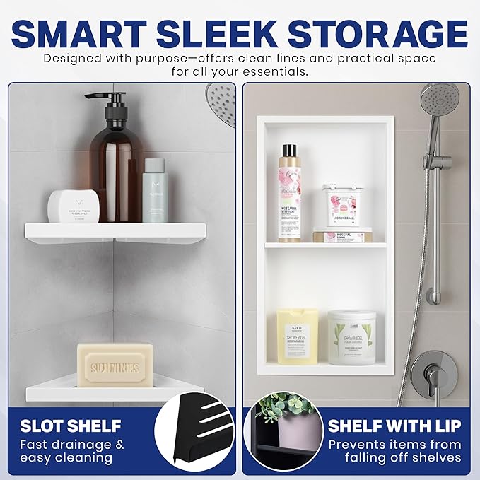 Stainless Steel Shower Niche No Tile Needed 24"x12" Inner Size (25.19"x13.19" Outside Size) Matte White - Niche for Shower Wall - Bathroom Niches - Includes Corner Shelves Razor Holders and Wall Hooks
