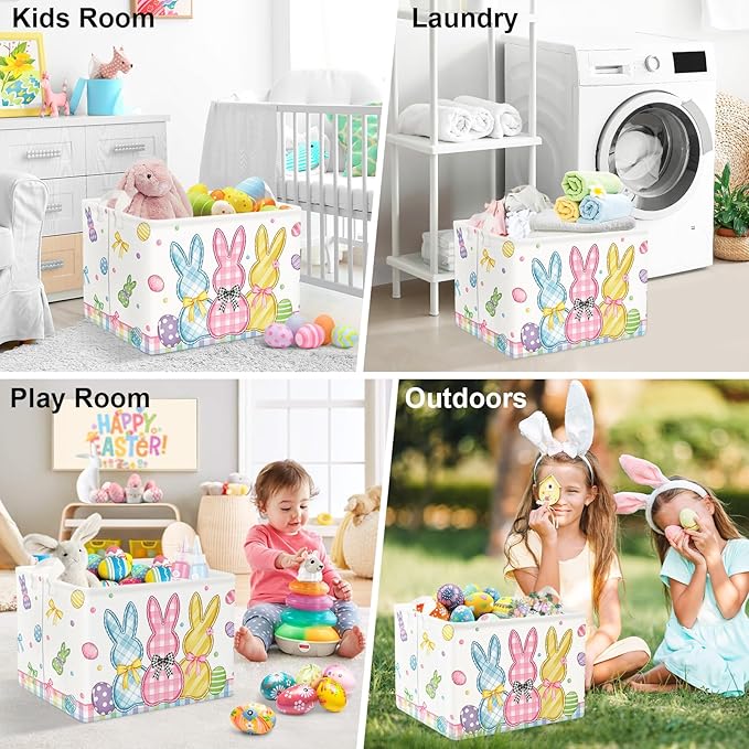 Clastyle Easter Rabbit Cross Kid Storage Basket Baby Laundry Hamper Boy Girl Gift Toy Box Collapsible Egg Clothes Organizer Nursery Bin for Bedroom,Bunny,40x30x30 cm
